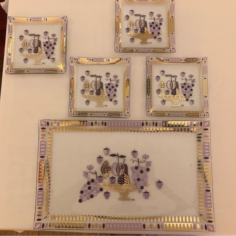 Decorative Glass Tray with Four Square Plates Gold & Lavender Accents MCM Porter